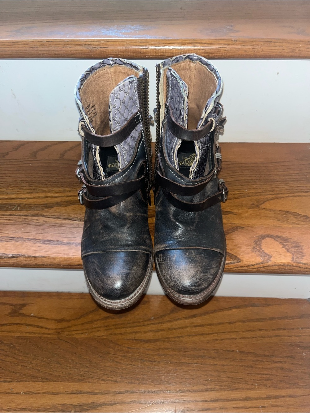 FreeBird Women's Distressed Brown Leather Ankle Boots with Buckle Straps